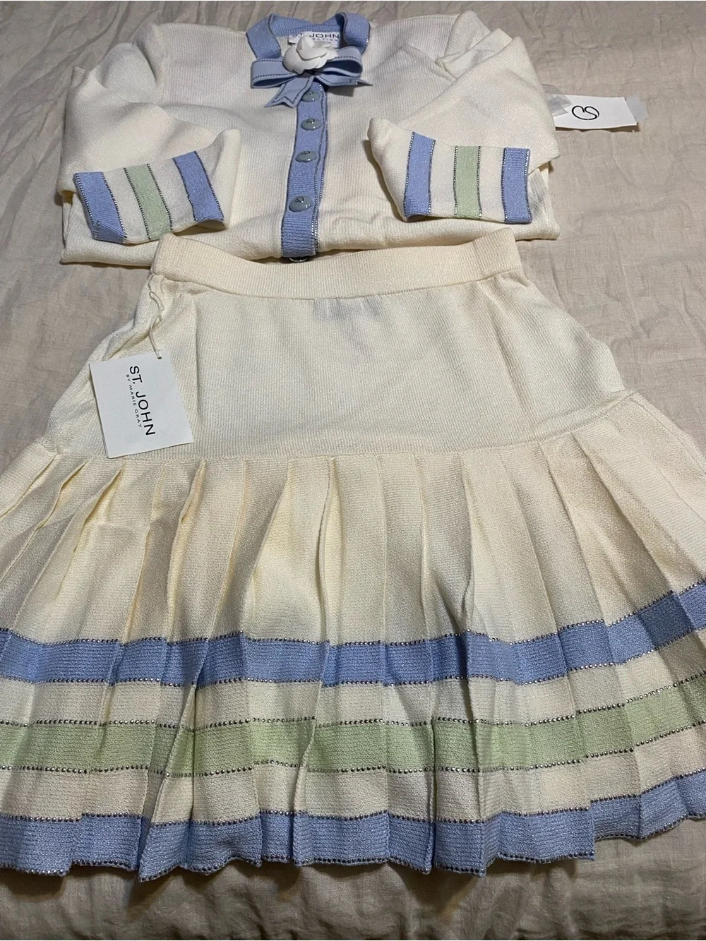 St. John Cream Knit Cardigan & Pleated Skirt with Blue and Mint Trim